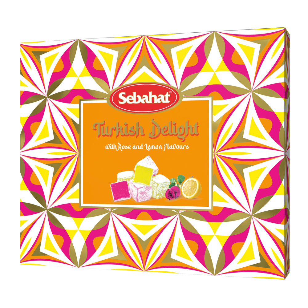 Traditional Rose & Lemon Mixed Turkish Delight in Wooden Presentation Gift Box 540g (TD107) - 10 units ordered. Artisan festive confectionery from ChokBox, 11a High Street, Eccleshall, Staffordshire. Natasha's Law compliant.